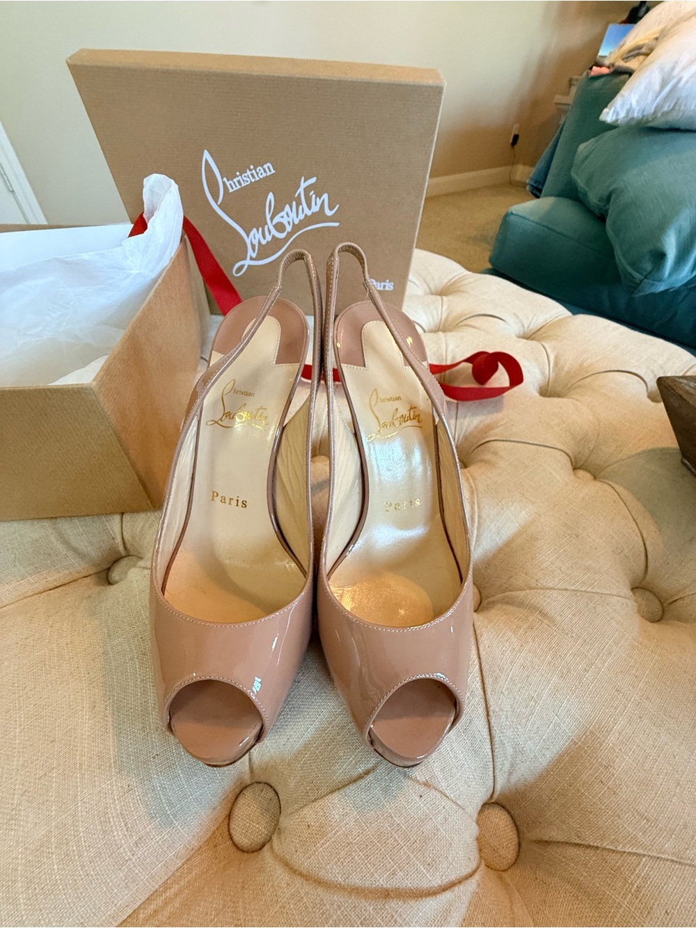Christian Louboutin Nude Patent Peep-Toe Slingback Heels - Picture 6 of 9